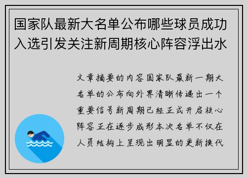 国家队最新大名单公布哪些球员成功入选引发关注新周期核心阵容浮出水面 国家队最新大名单公布哪些球员成功入选引发关注新周期核心阵容浮出水面